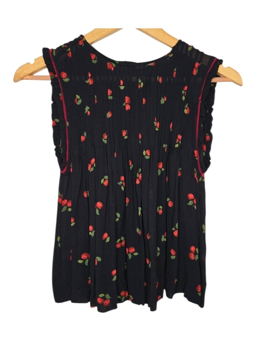 Farm Rio Womens Tipanga Cherry Print Pleated Ruffle Sleeve Blouse Small